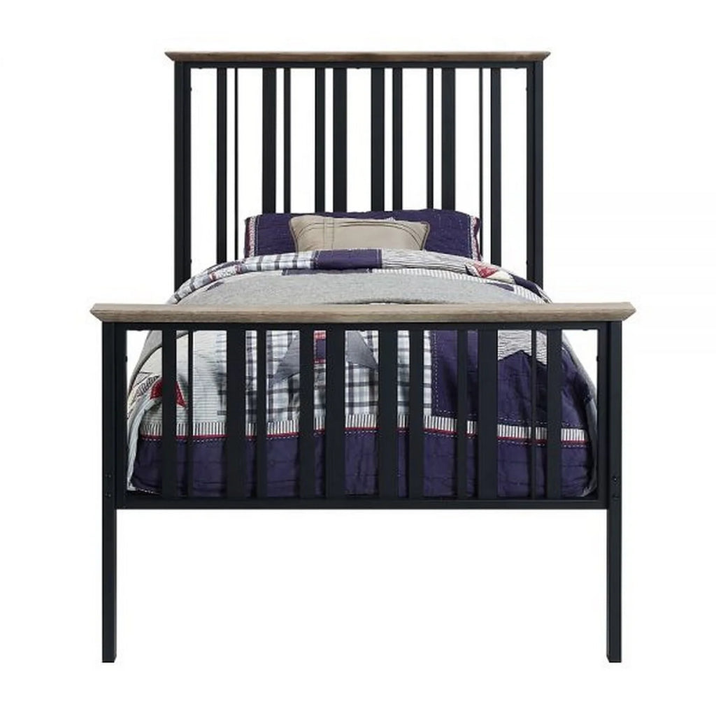 Antique Oak Brown & Black Twin Size Bed with Slatted Metal Frame B6196