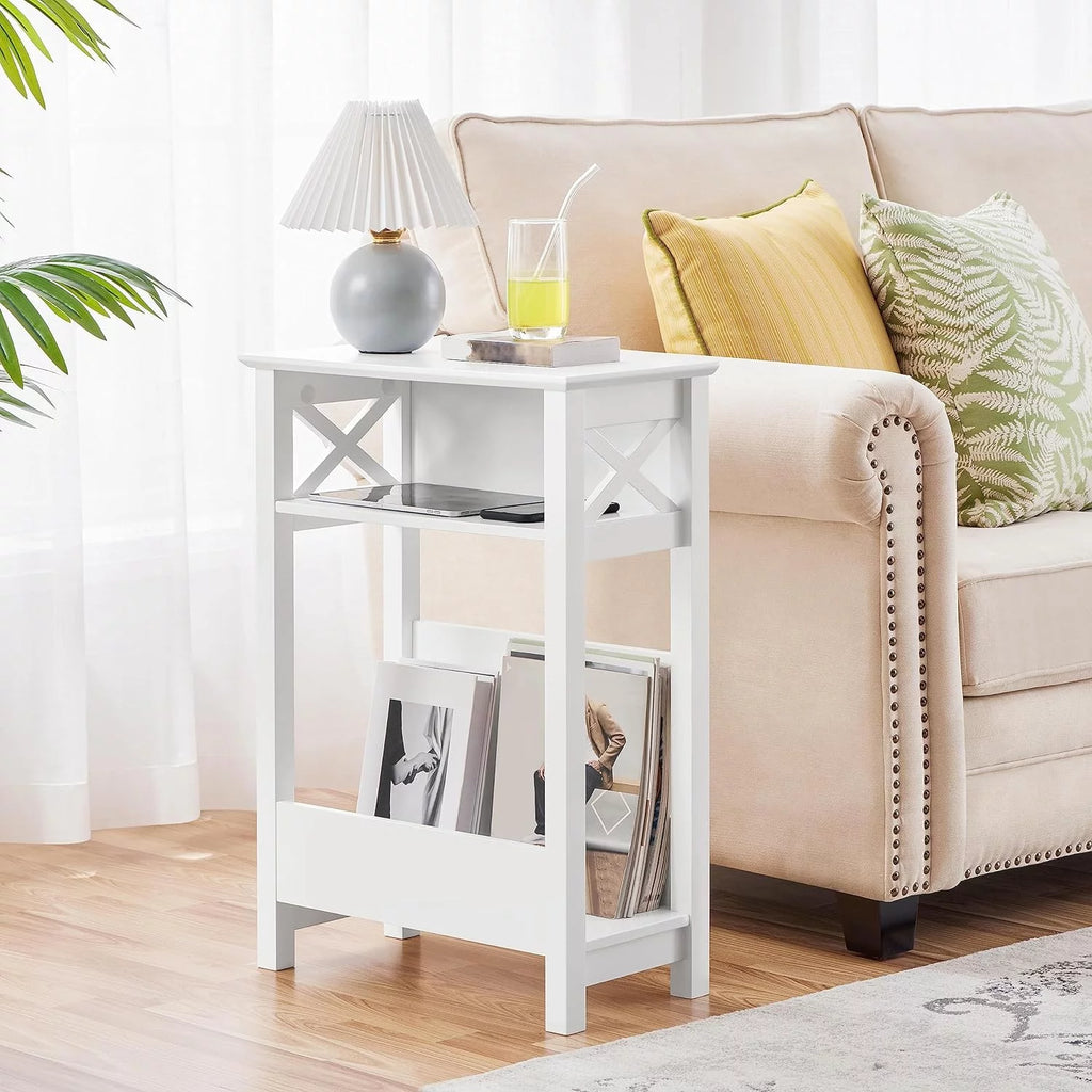 White 3-Tier Narrow Side Table with Magazine Holder Y130440