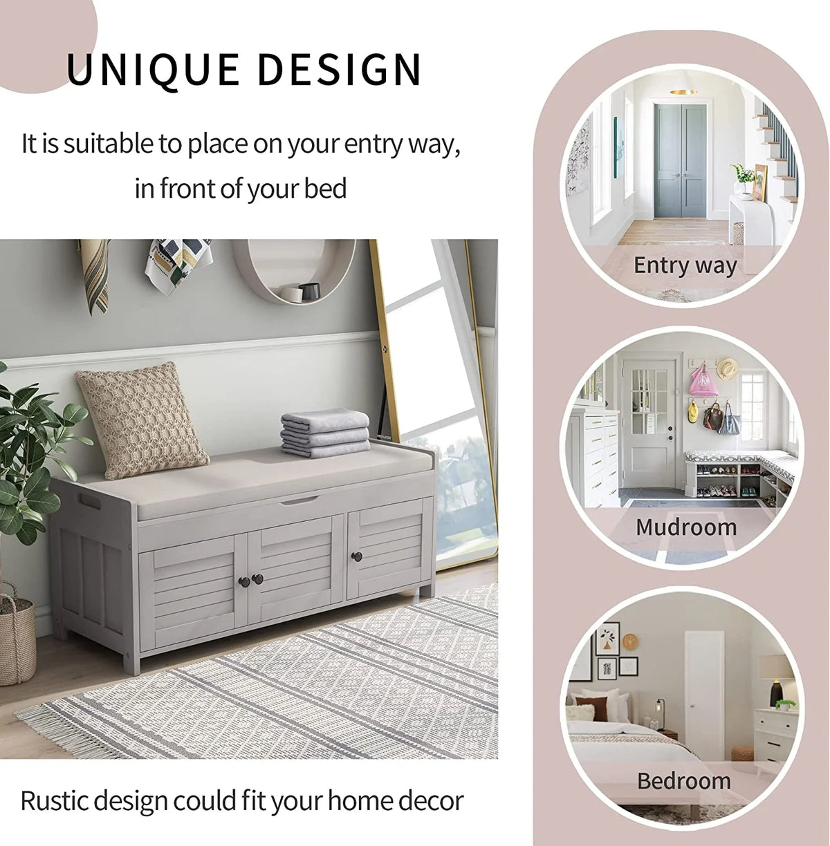 Wooden Bench with Removable Cushion and Hidden Storage M30792