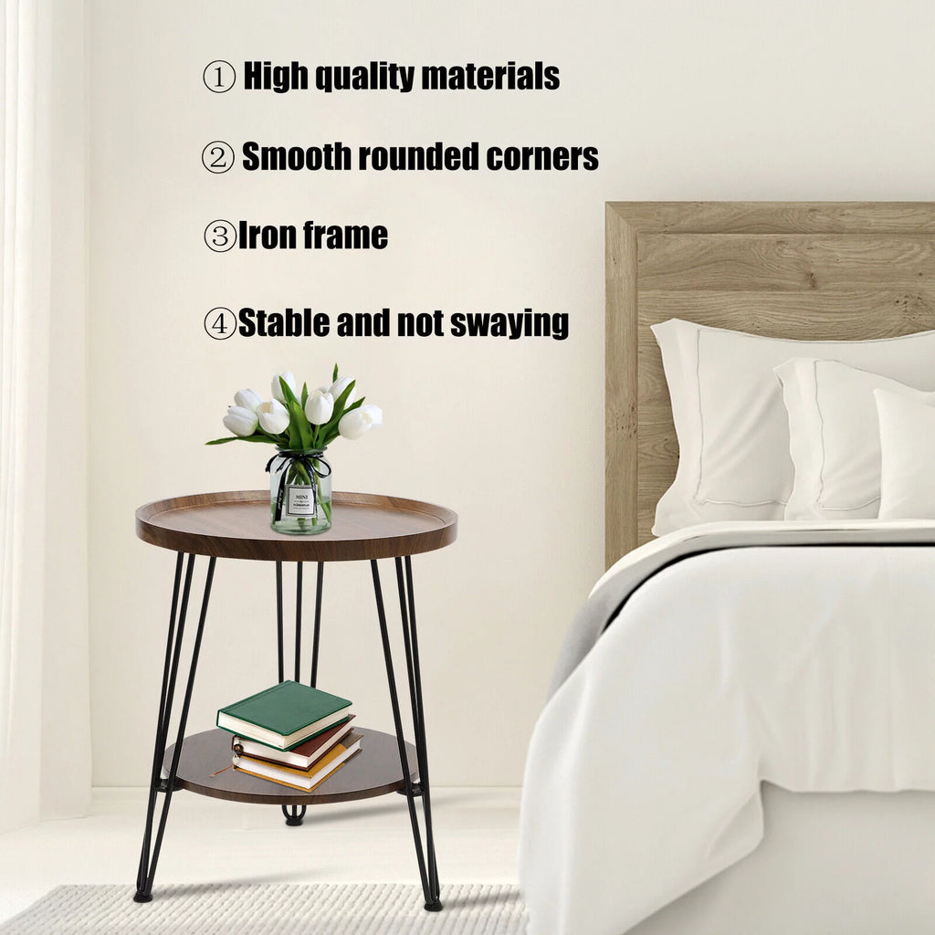 2-Tier Round Sofa End Side Table Nightstand Brown N4327