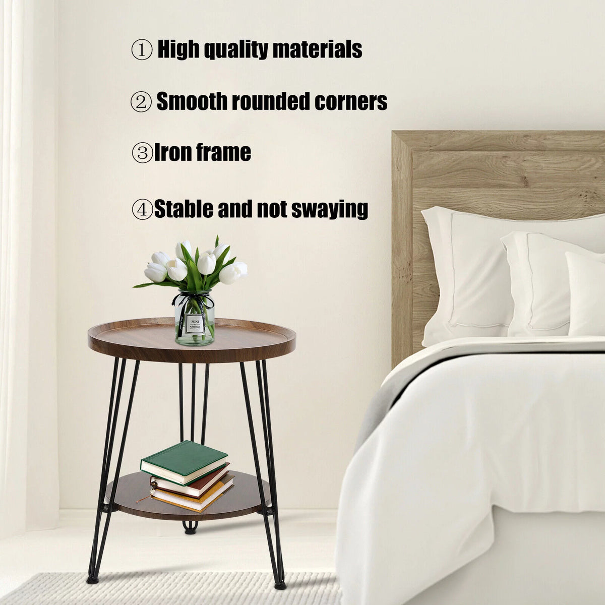 2-Tier Round Sofa End Side Table Nightstand Brown N4327