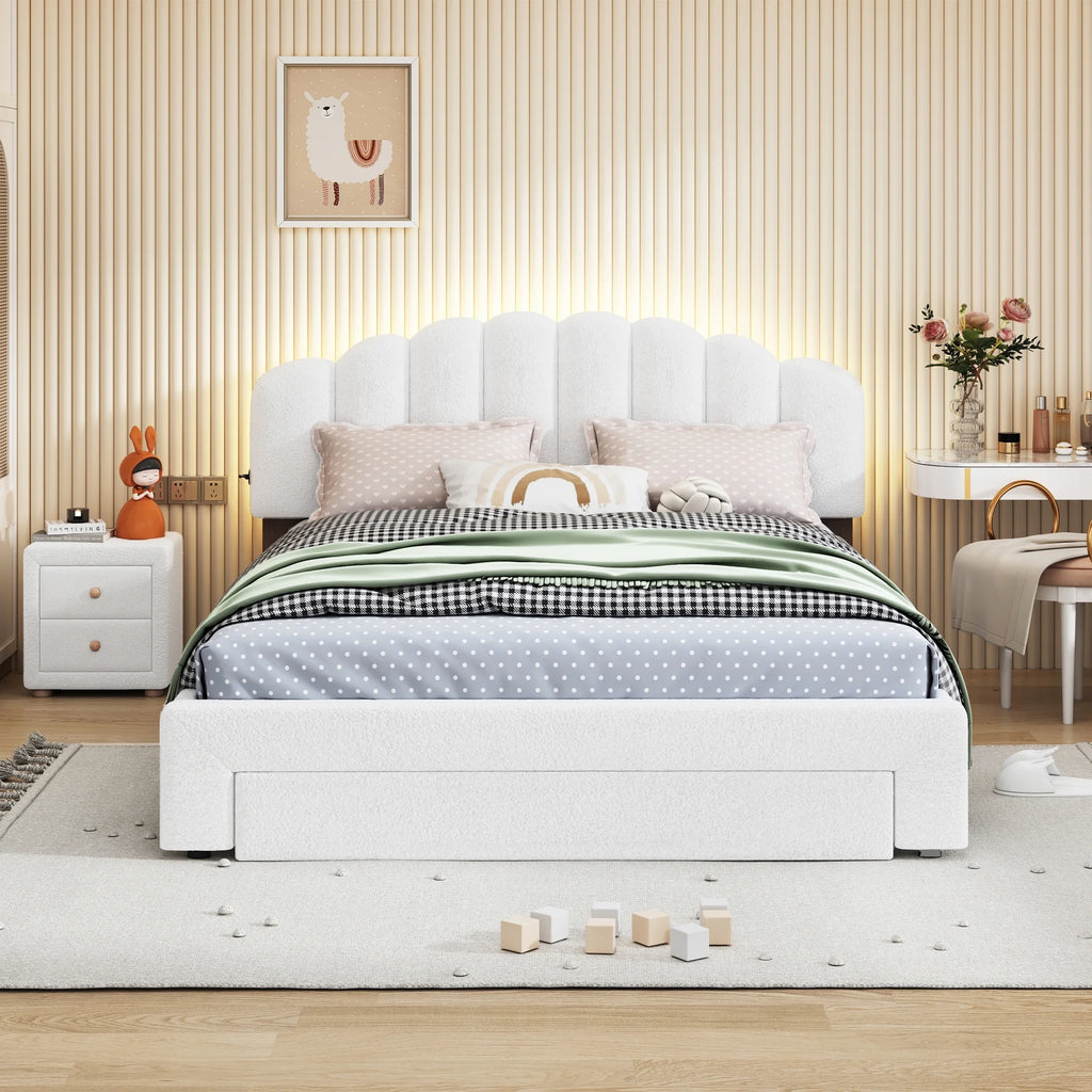 White Queen Size Upholstered Platform Bed with Nightstand I108554