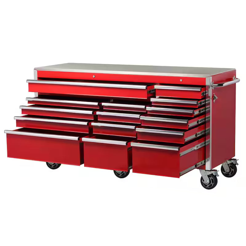 Heavy Duty 15-Drawer Mobile Workbench Cabinet with Stainless Steel Top in Gloss Red S86698