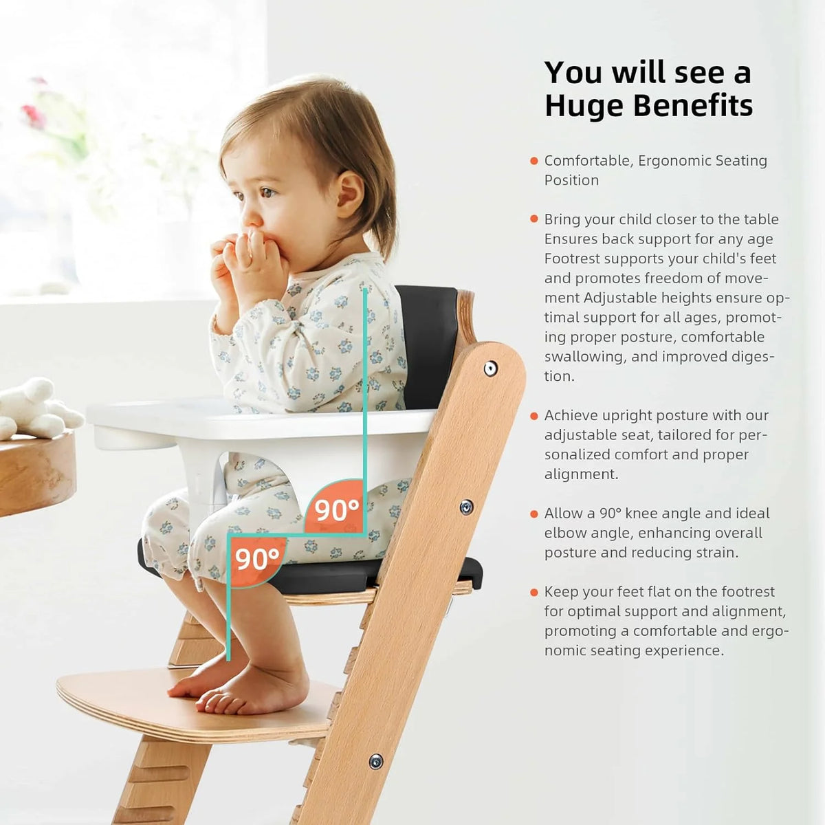 Wooden High Chair with Plastic Tray, 8 Height Adjustments D8498