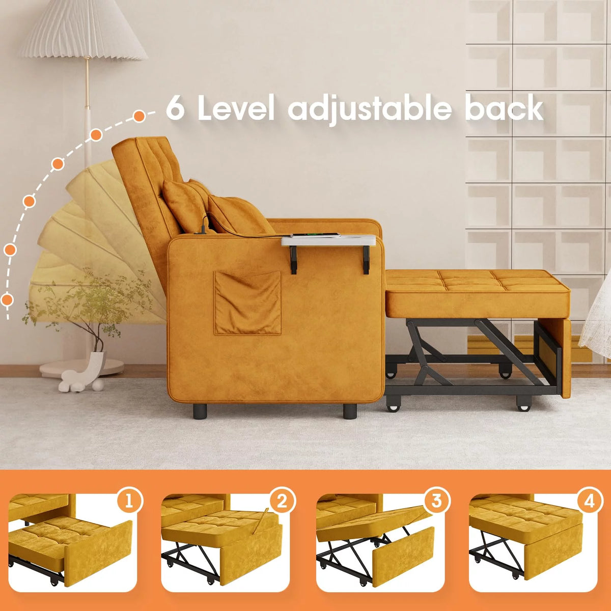 Velvet 3-in-1 Sofa Bed Chair with Wing Table and USB Ports Q540