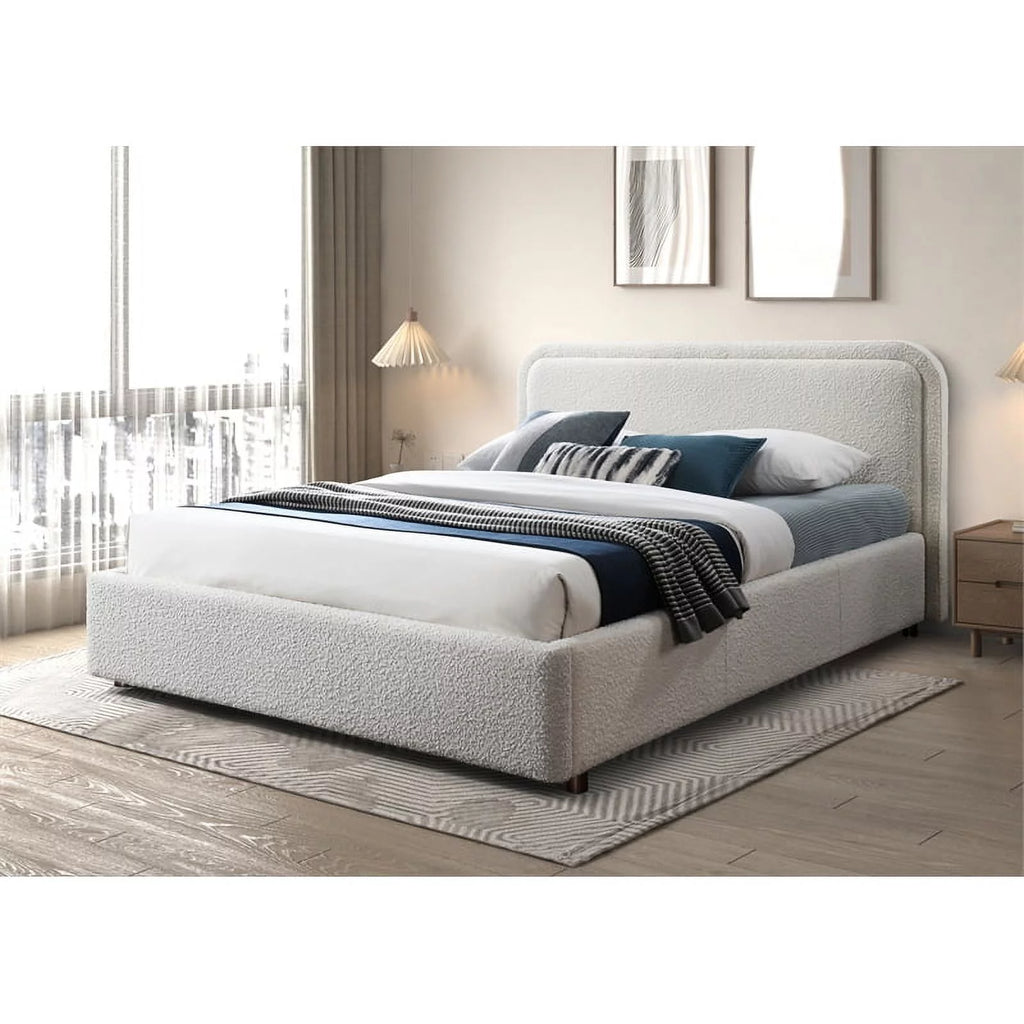 Queen Upholstered Platform Bed in White Boucle Fabric Q572