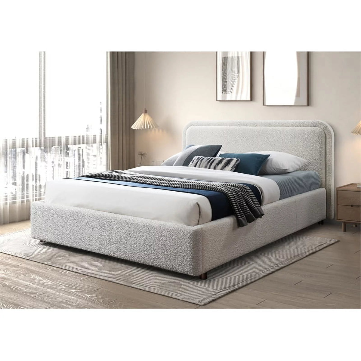 Queen Upholstered Platform Bed in White Boucle Fabric Q572