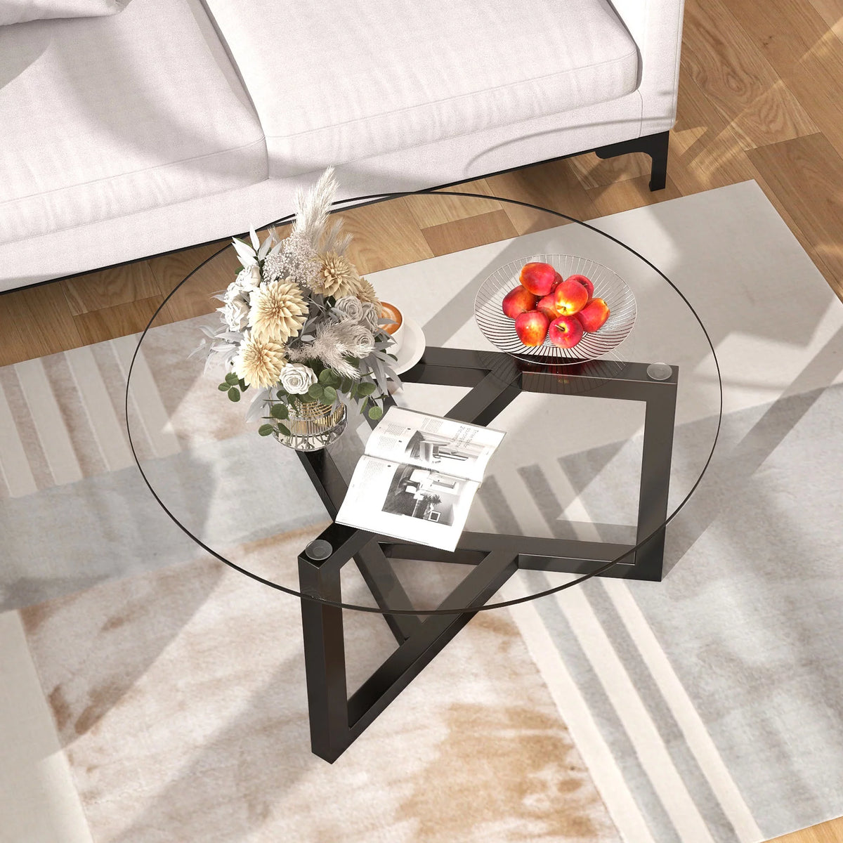 Round Glass Coffee Table with Tempered Glass Top & Wood Base A2911