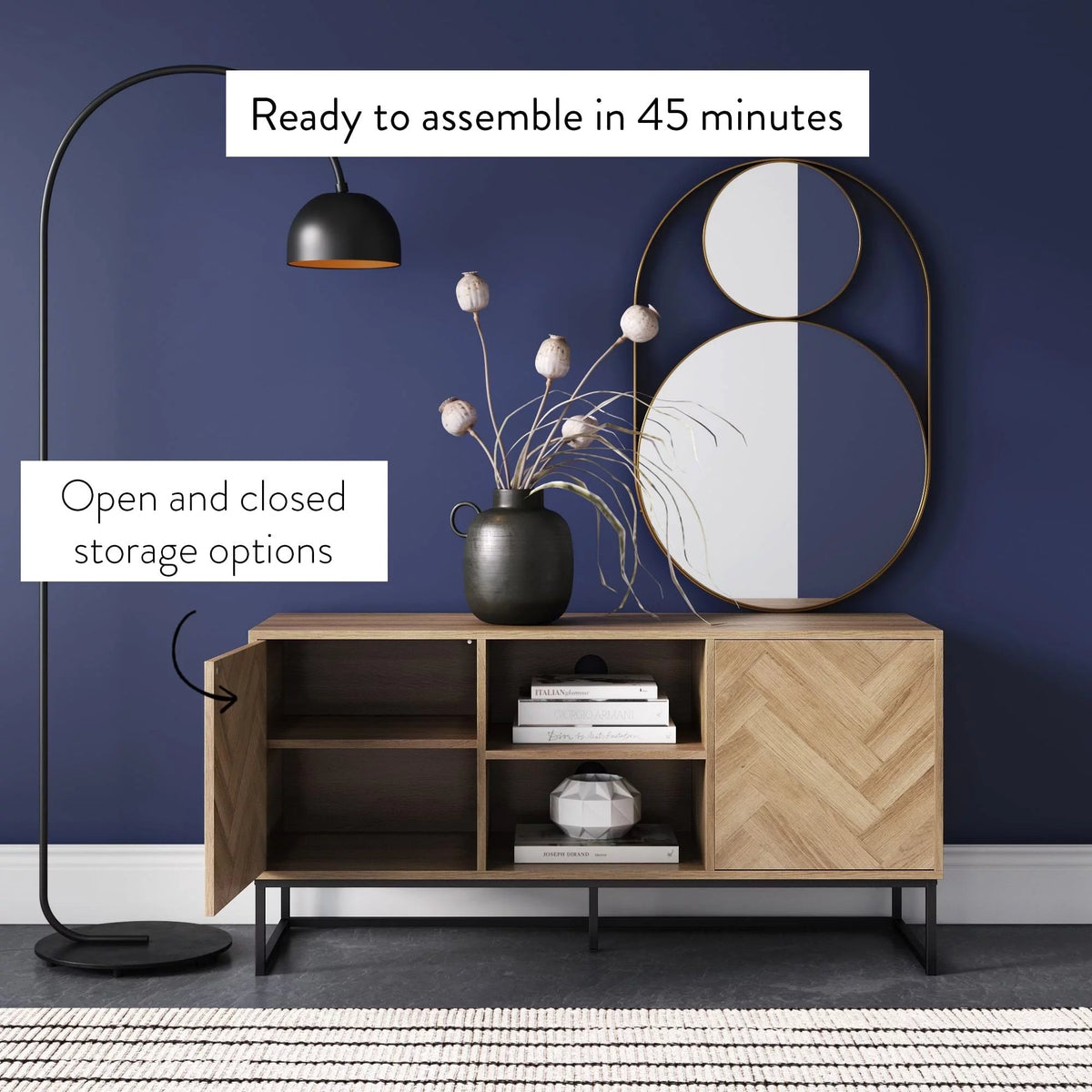 Gray Black Herringbone Pattern Wood Metal Media Console Cabinet H868