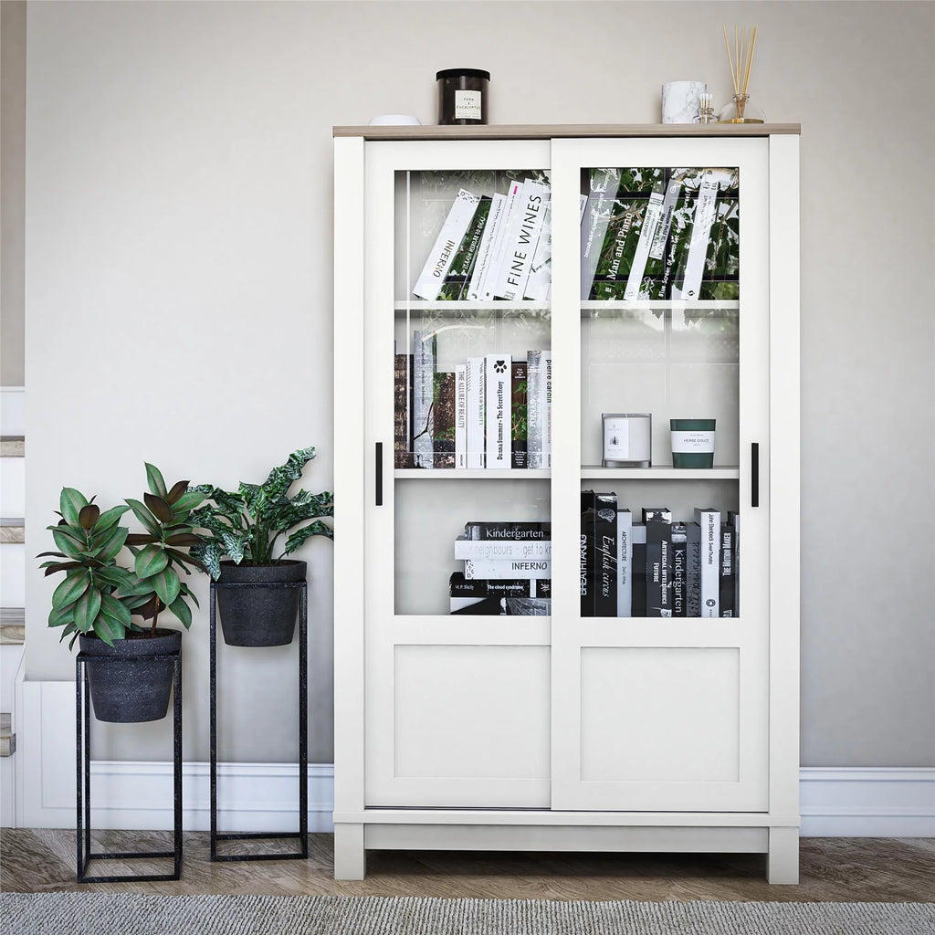 White Bookcase Cabinet with Sliding Glass Doors I1174