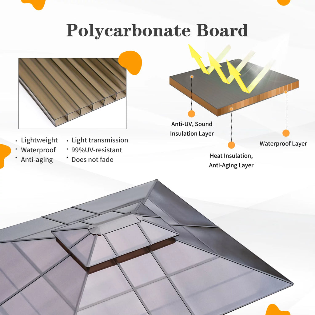 12'x16' Brown Polycarbonate Double Roof Hardtop Gazebo Canopy U13288