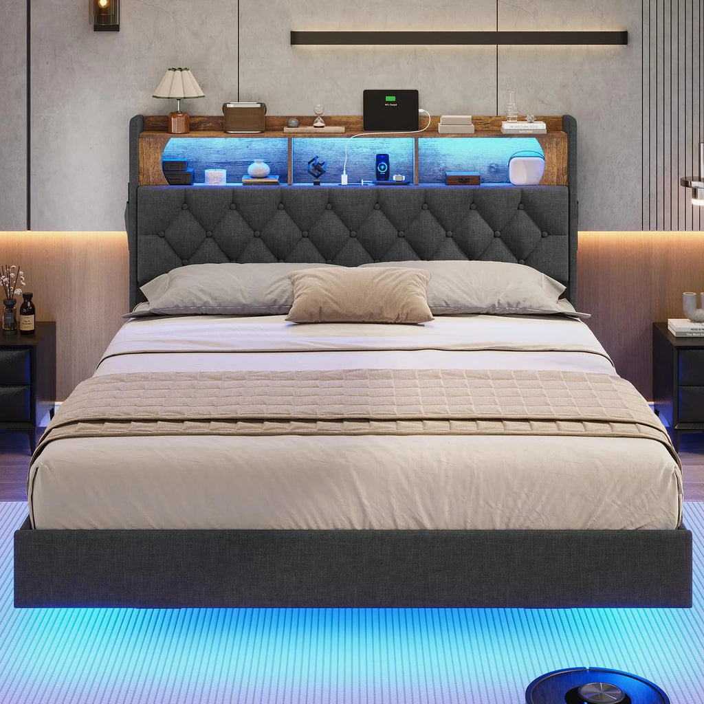 Full Size Platform Bed Frame with Charging Station and LED Lights T65442