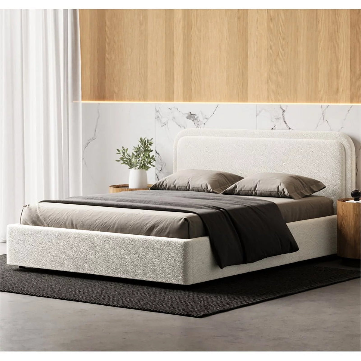 Queen Upholstered Platform Bed in White Boucle Fabric Q572