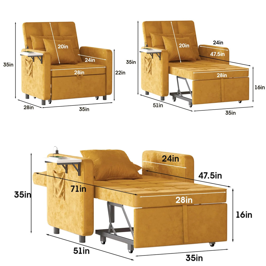 Velvet 3-in-1 Sofa Bed Chair with Wing Table and USB Ports Q540
