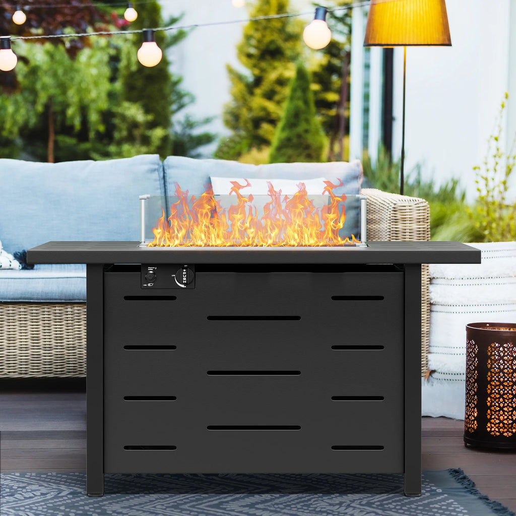 43 Inch Propane Gas Fire Pit Table with Lid and Lava Rock C166