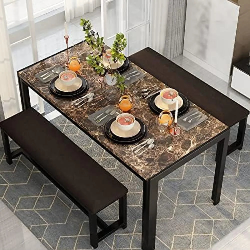 Dining Table Set for 4 with 2 PU Leather Upholstered Benches X29895