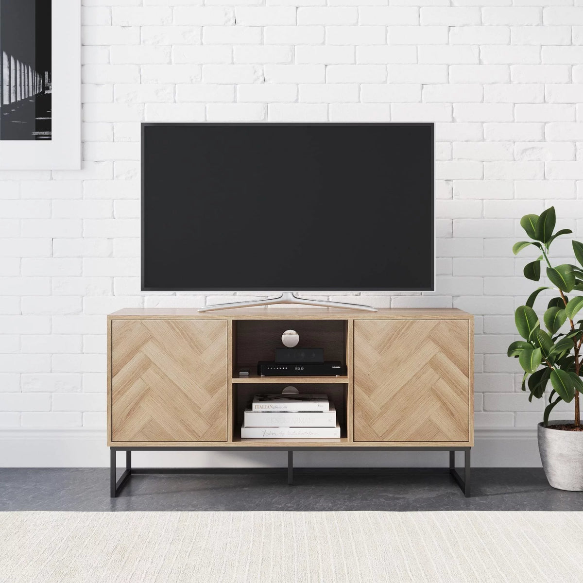 Gray Black Herringbone Pattern Wood Metal Media Console Cabinet H868