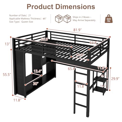 Queen Heavy Duty Metal Loft Bed with L-Shaped Desk, Wardrobe & 5 Storage Shelves Y577
