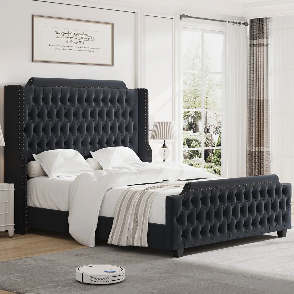 Queen Size Off-white Velvet Upholstered Bed Frame with Headboard and Footboard Y591