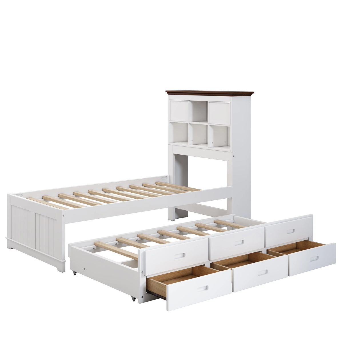Solid Pine Captain Bed with Trundle and Bookcase Wood Platform Bed Frame with 3 Under Bed Drawers, Twin, White+Walnut B1433