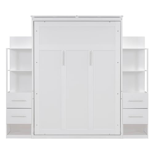 White Full Size Wood Murphy Bed with Shelves and LED Lights K837884