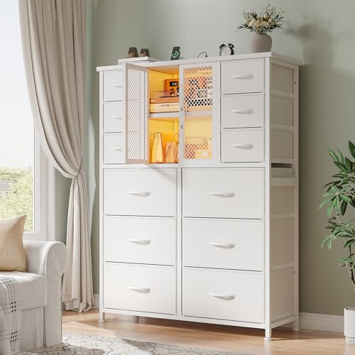 Black 12 Fabric Drawer Tall Dresser with Charging Station W28136