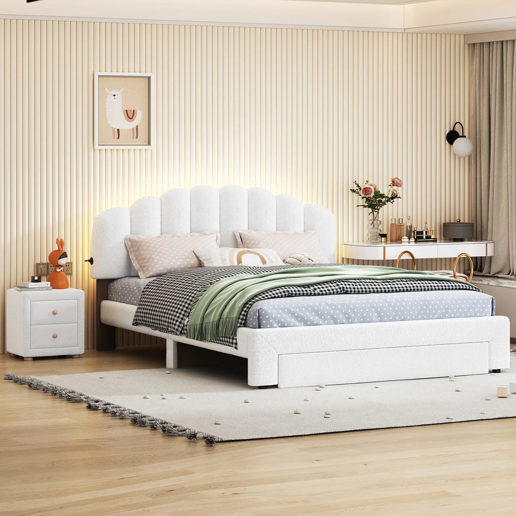 White Queen Size Upholstered Platform Bed with Nightstand I108554
