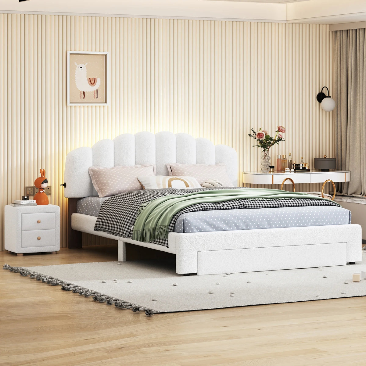 White Queen Size Upholstered Platform Bed with Nightstand I108554