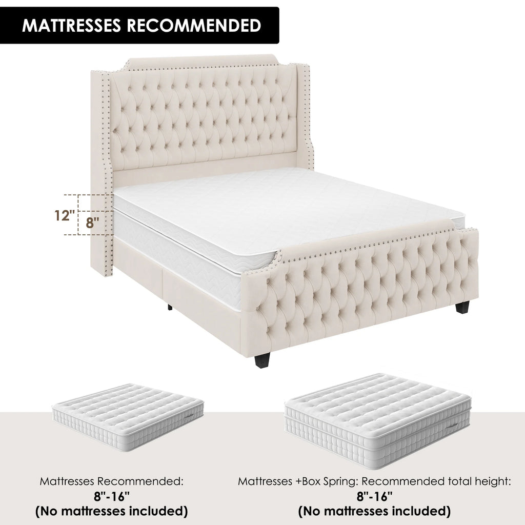 Queen Size Off-white Velvet Upholstered Bed Frame with Headboard and Footboard Y591