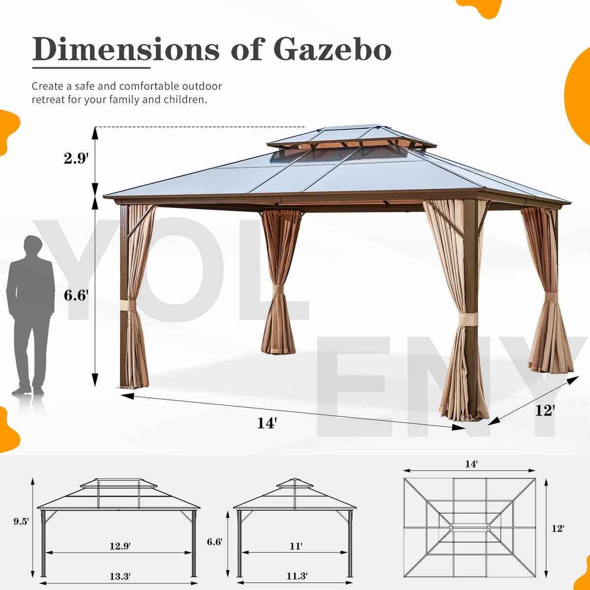 12'x16' Brown Polycarbonate Double Roof Hardtop Gazebo Canopy U13288