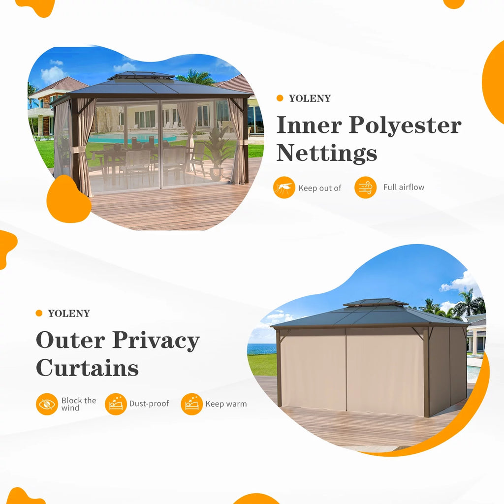 12'x16' Brown Polycarbonate Double Roof Hardtop Gazebo Canopy U13288