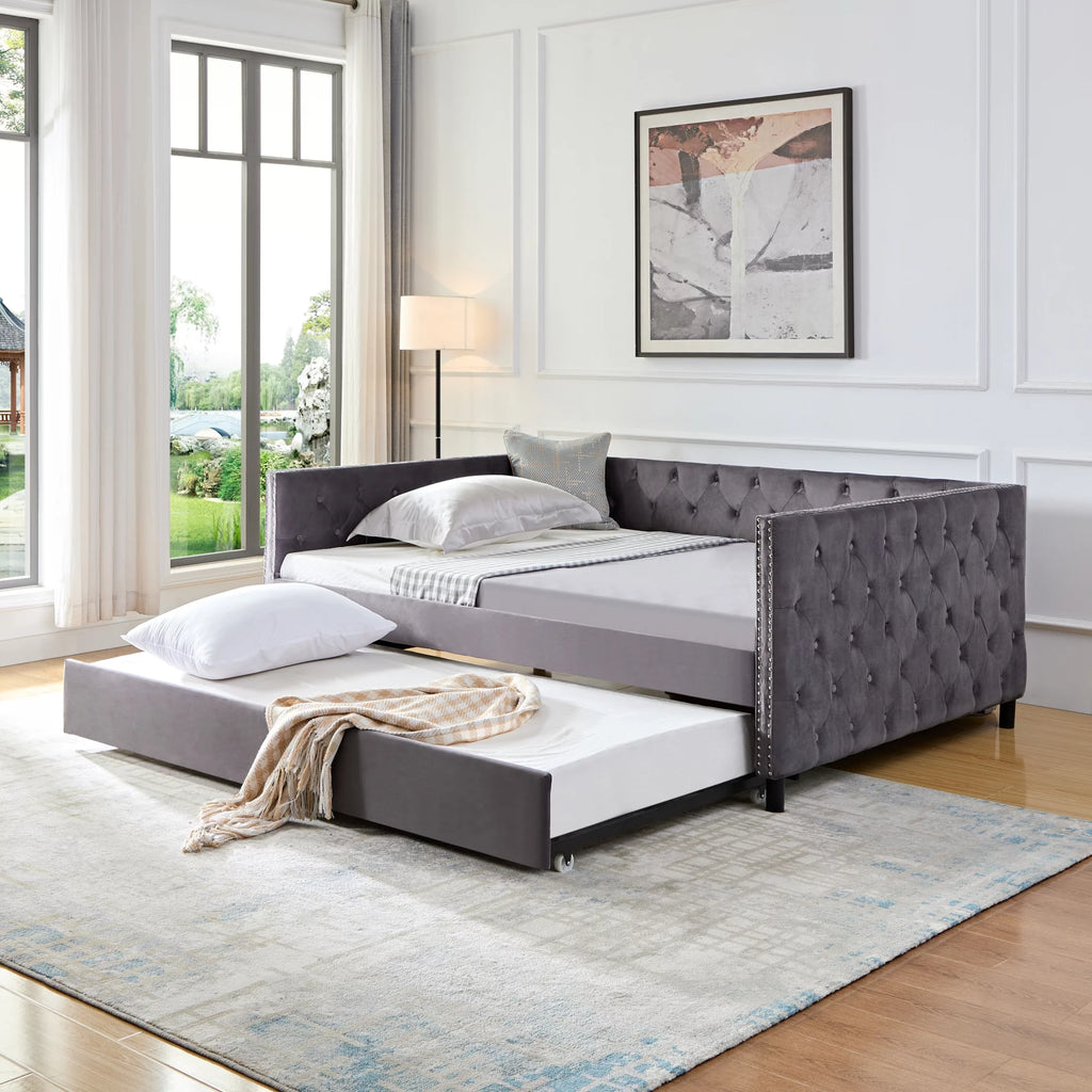 Velvet Upholstered Twin Size Daybed with Trundle G49071