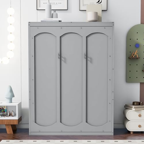 White Full Size Wood Murphy Bed with Shelves and LED Lights K837884
