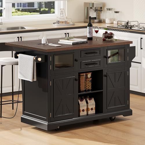 Black Drop Leaf Kitchen Island with Power Outlet Rolling Storage Cart X358784