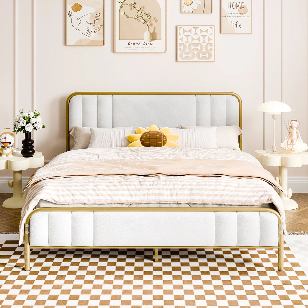Gold Queen Size Velvet Fabric Headboard Metal Platform Bed T88408