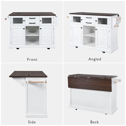 Black Drop Leaf Kitchen Island with Power Outlet Rolling Storage Cart X358784