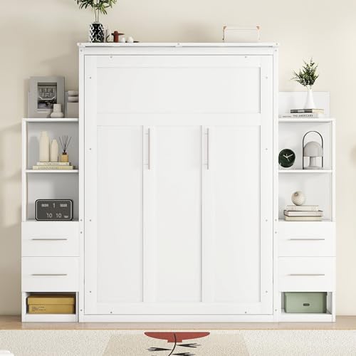 White Full Size Wood Murphy Bed with Shelves and LED Lights K837884