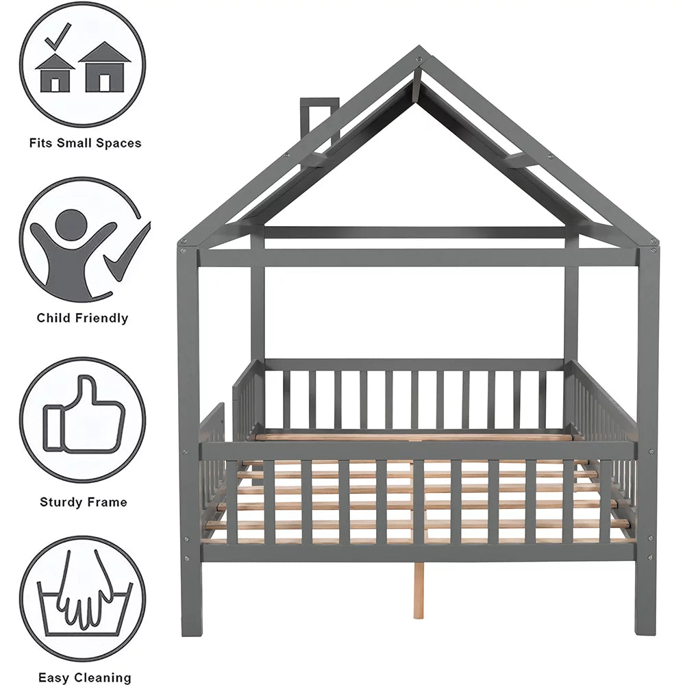 Full Size Wood Bed Frame with Roof and Fence Y214192