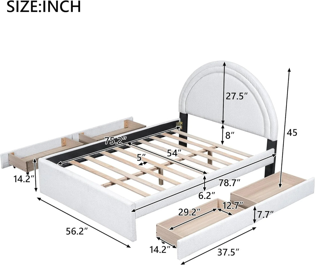Full Size White Teddy Upholstered Platform Bed with Four Drawers O829376