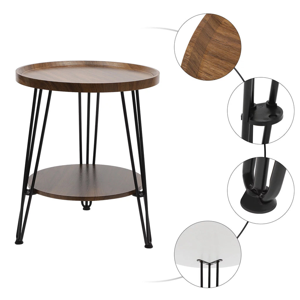 2-Tier Round Sofa End Side Table Nightstand Brown N4327