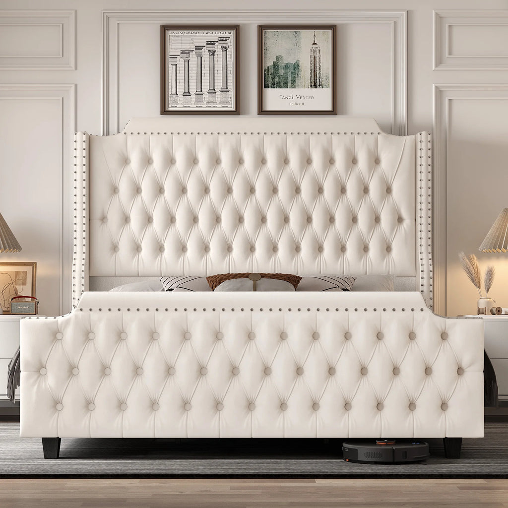 Queen Size Off-white Velvet Upholstered Bed Frame with Headboard and Footboard Y591