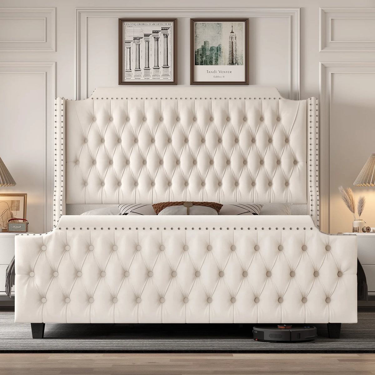 Queen Size Off-white Velvet Upholstered Bed Frame with Headboard and Footboard Y591