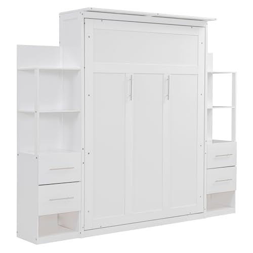White Full Size Wood Murphy Bed with Shelves and LED Lights K837884