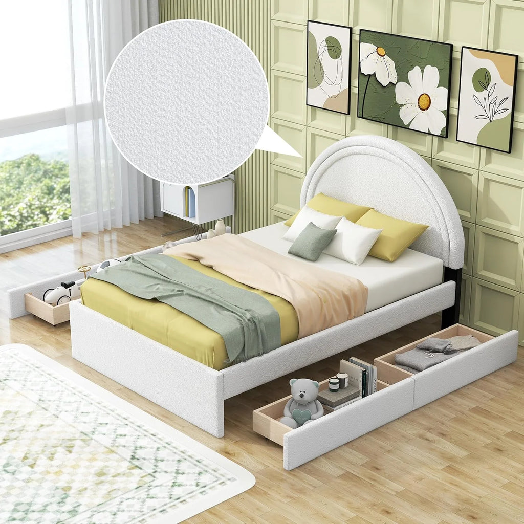 Full Size White Teddy Upholstered Platform Bed with Four Drawers O829376