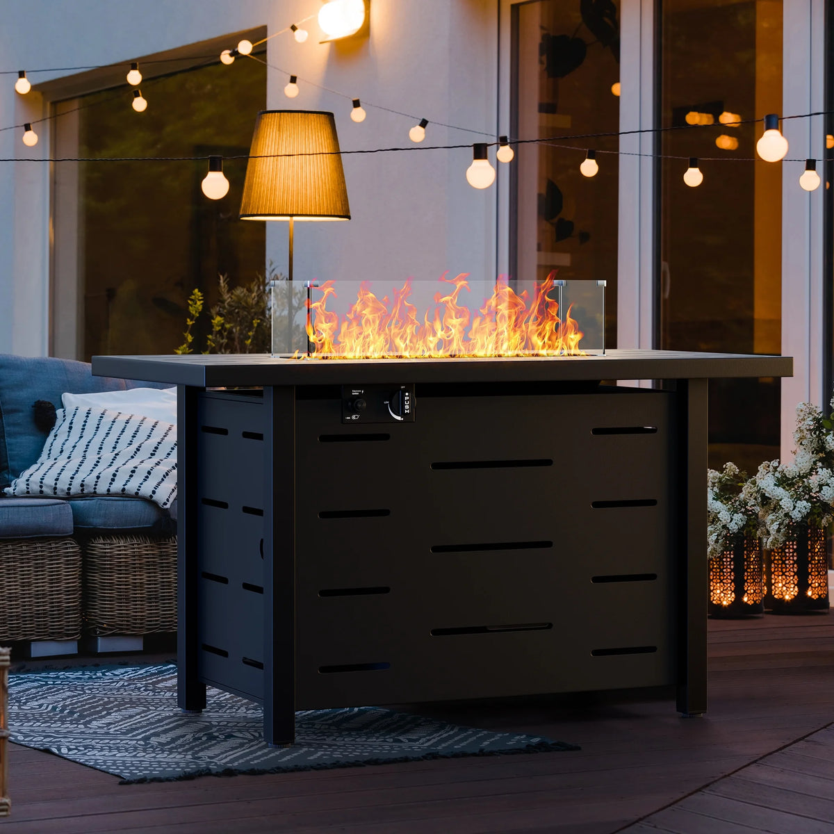 43 Inch Propane Gas Fire Pit Table with Lid and Lava Rock C166