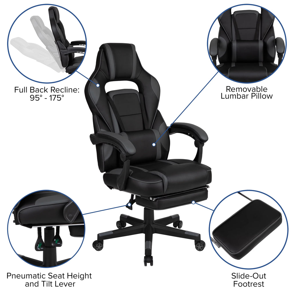 Black Gray Ergonomic Reclining Gaming Chair with Footrest L32761
