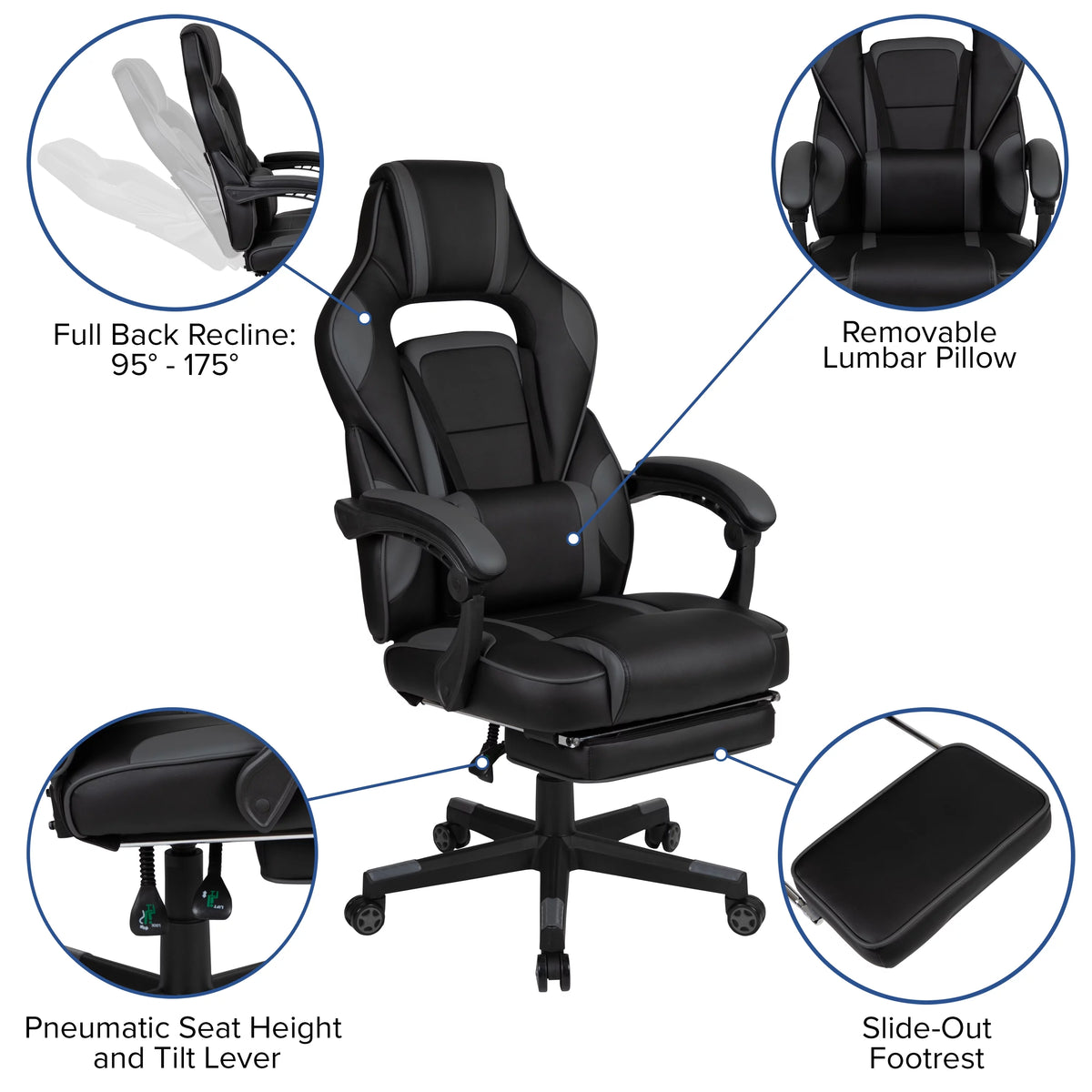 Black Gray Ergonomic Reclining Gaming Chair with Footrest L32761