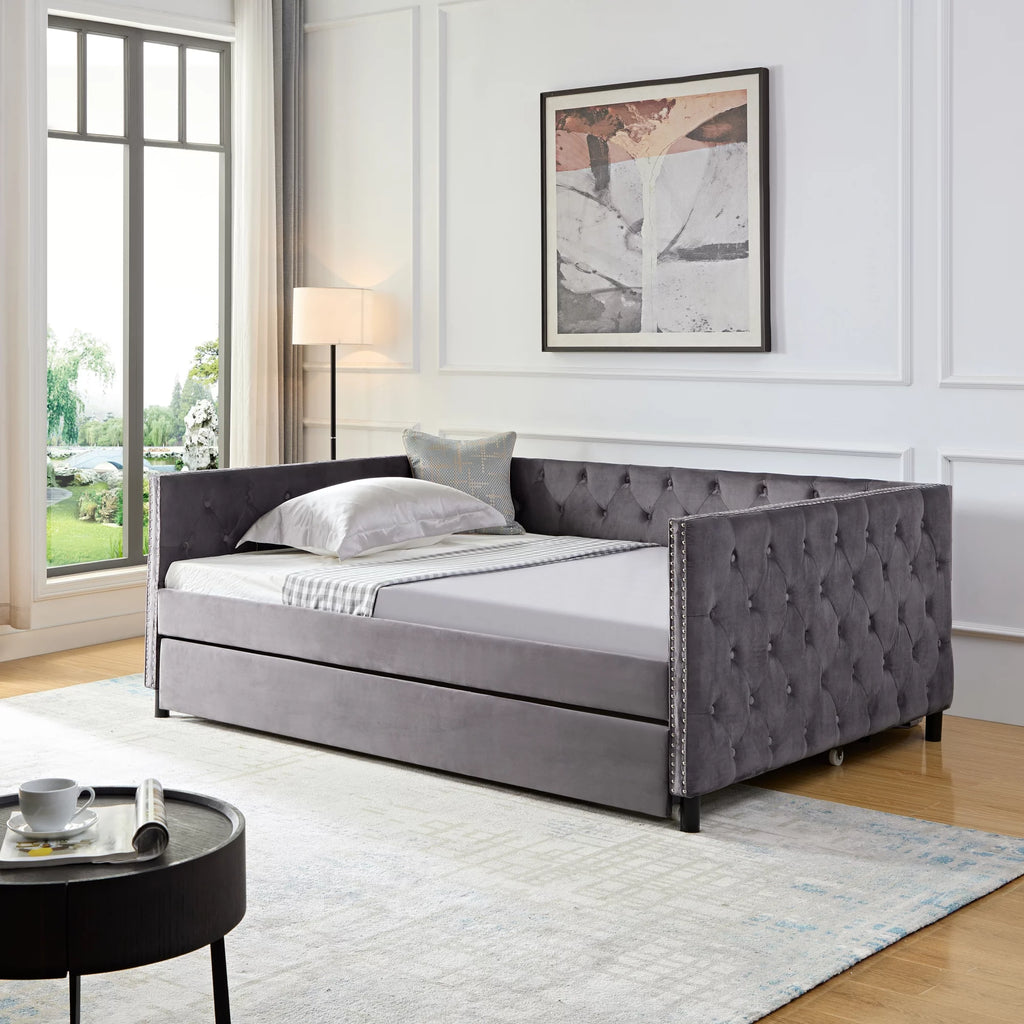 Velvet Upholstered Twin Size Daybed with Trundle G49071