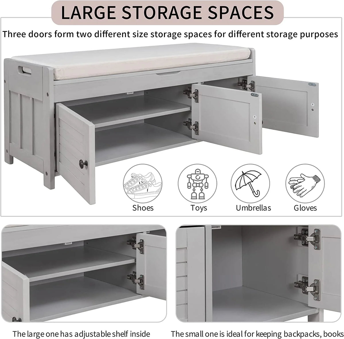 Wooden Bench with Removable Cushion and Hidden Storage M30792