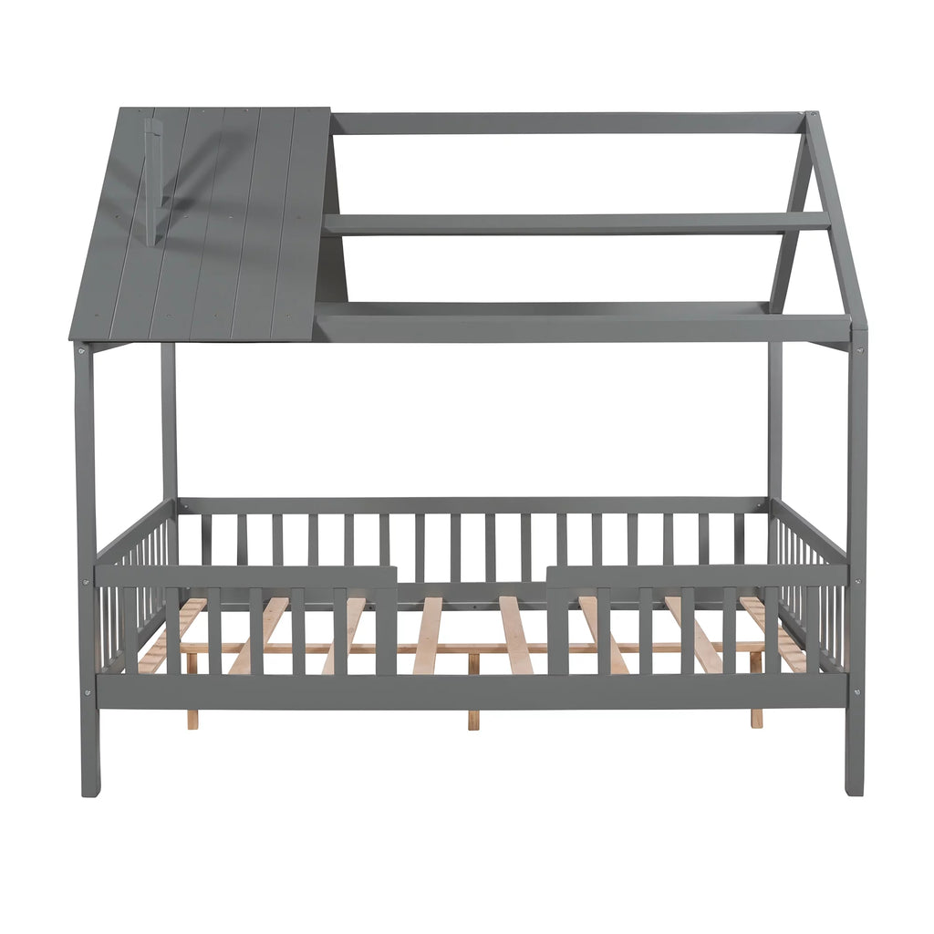 Full Size Wood Bed Frame with Roof and Fence Y214192